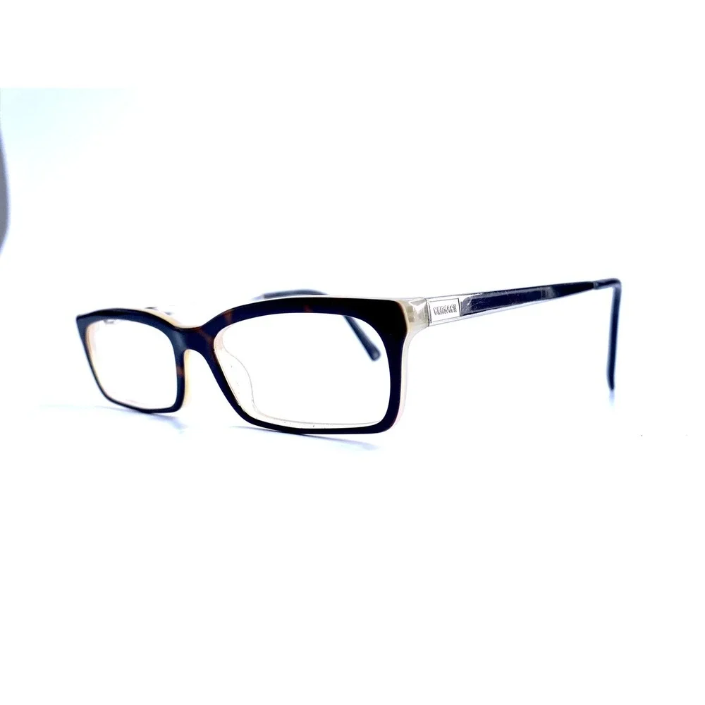 Versace Brown Tortoise Rectangular Eyeglasses Silver Temple Italy MOD 3073 588